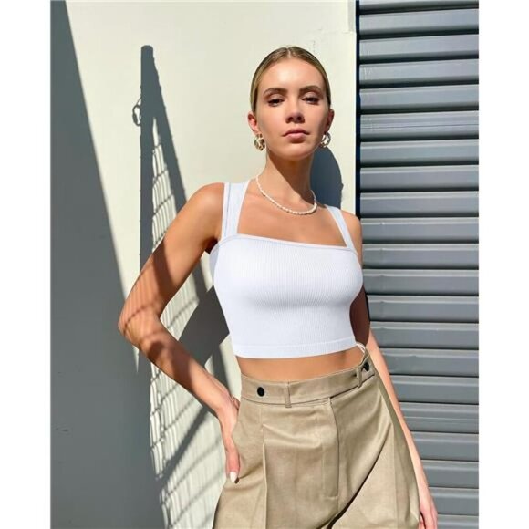 Womens Ribbed Crop Tank Top Set Square Neck Seamless Strappy Workout Tee - Picture 3 of 7